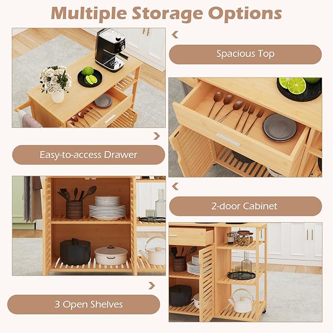 Giantex Bamboo Kitchen Island Cart, Mobile Serving Cart