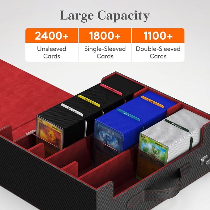 Lifewit Trading Card Storage Box with Handle, Holds Up to 1800 Sleeved Cards with 12 Adujstable Dividers & 4 Stoppers, Aluminum Closure PU Leather Case for MTG, PTCG, YGO, Sports Cards, Black& Red