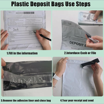 Plastic Deposit Bags 100 Pack Clear 9''x 12'', Security Bank Deposits Bags,Cash register bag,Money bag for Cash,Bank Pocket,Tamper-Evident Bag,Unique Barcode