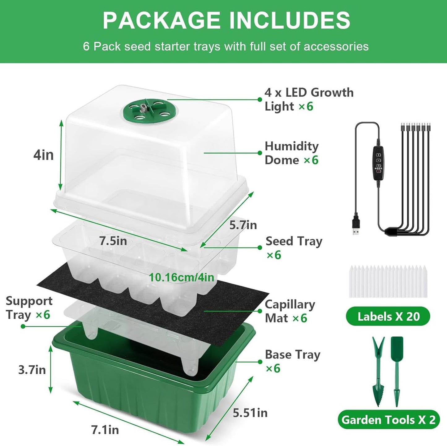 YAUNGEL Self-Watering Seed Starter Trays with Grow Light, 6-Pack 72-Cell Seed Starter Kit with Timing Controller Adjustable Brightness, Thicken Seed Starter Kit Humidity Dome Heightened Lids, Green