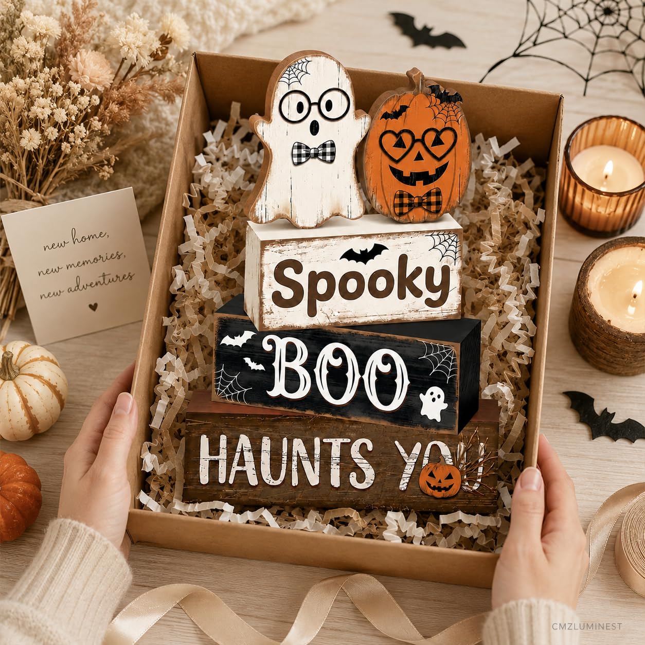 4 Pcs Halloween Decorations, Wooden Ghost and Pumpkin Block Signs Featuring Glasses Design, Farmhouse Cute Halloween Tiered Tray Decor, Spooky Boo Haunts You Table Centerpiece for Home Office Mantel Kitchen Shelf