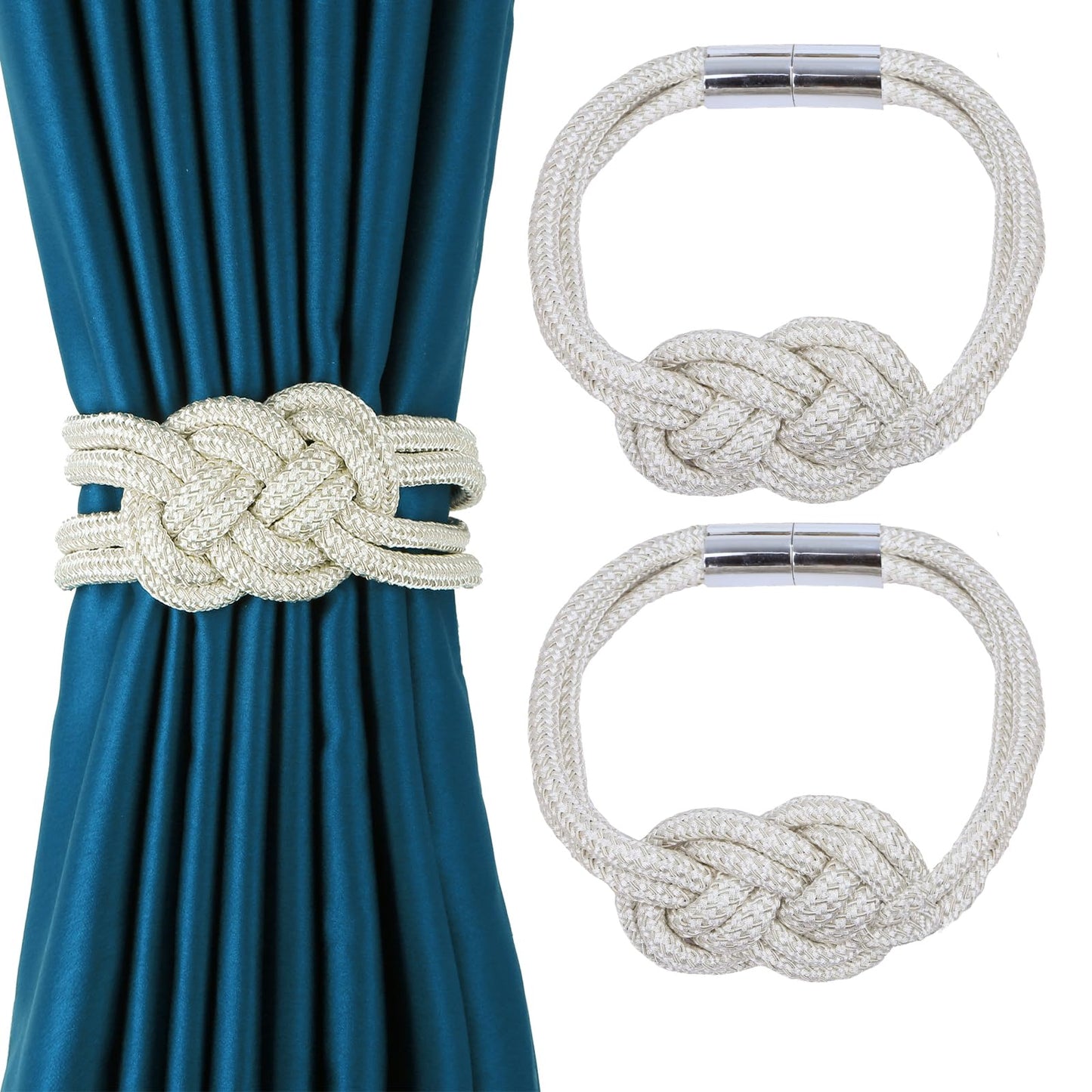 HedongHexi 2 Pack Magnetic Curtain Tiebacks, Hand Weave Rope Knot Decorative Curtain Holdbacks for Home & Office Thin Window Drapery (Beige,2P)
