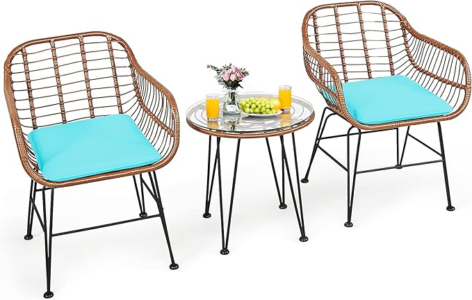 Tangkula 3 Pieces Patio Conversation Bistro Set, Outdoor Wicker Furniture