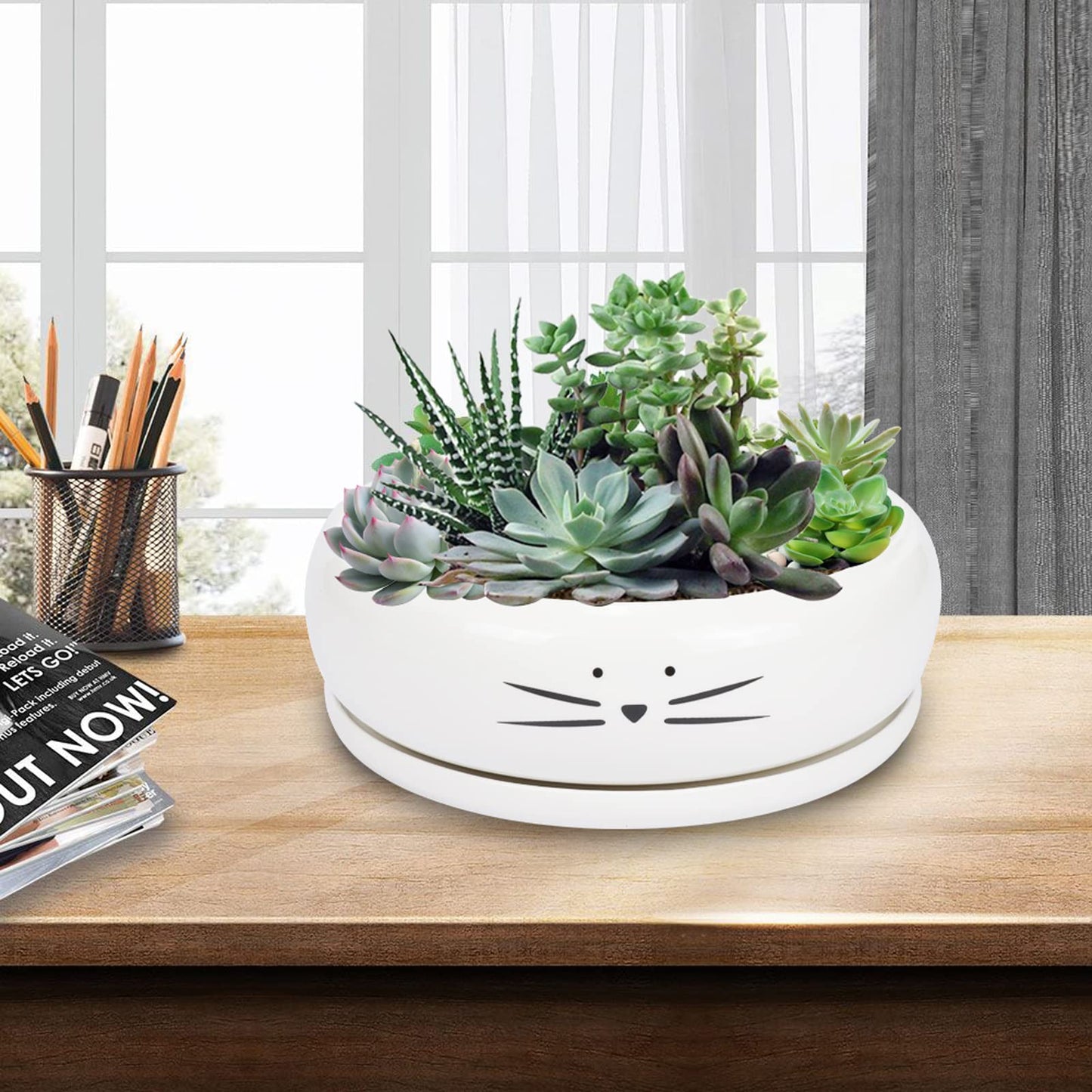 Koolkatkoo 8 Inch Cat Ceramic Succulent Planter Pot with Drainage Hole and Tray Flower Pot for Indoor and Outdoor Plants Round Shallow Planter Gifts for Cat Lovers