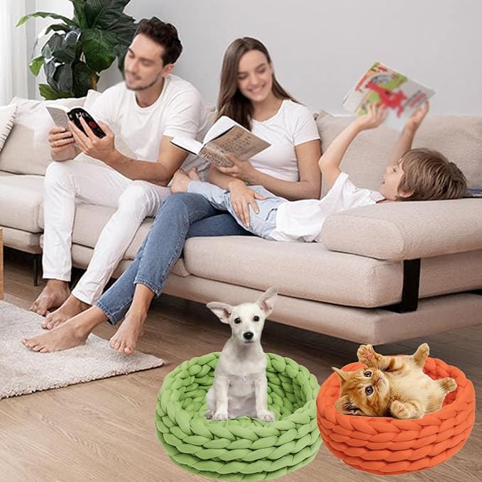Woven Dog Bed Basket, Knitted Cotton Cat Bed Round Washable Woven Cat Pet Bed Chunky Dog Basket, Orthopedic, Chunky Knit Dog Nest,Dog Bed,Dog Cave,Dog Bedding(Orange,19")