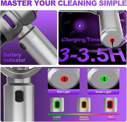 Handheld Car Vacuum Cleaner, 4-in-1 Cordless Vacuum Cleaner, 22000PA High Power Portable Car Vacuum with Brushless Motor, for Home, Office, Camping (Silver Purple)