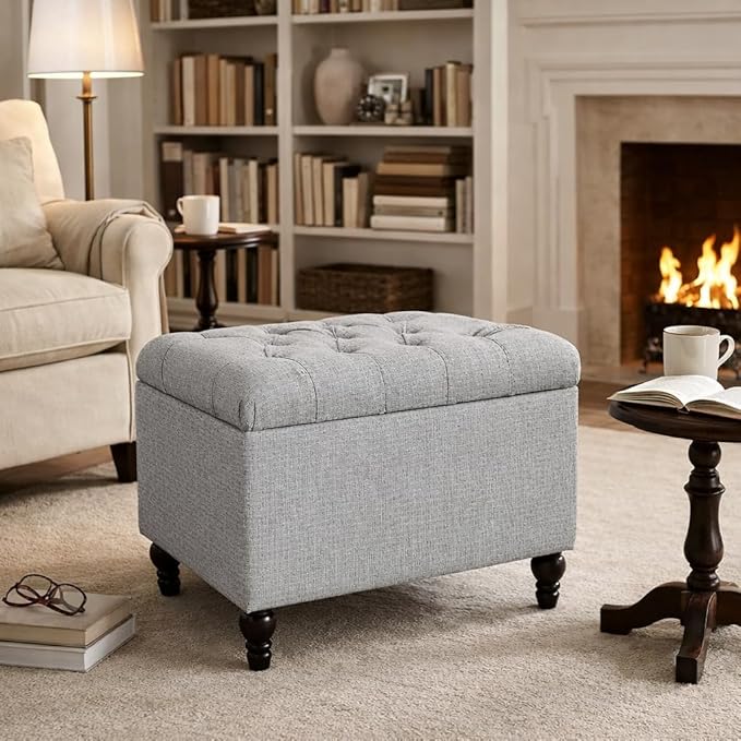 Homepop Home Decor | Upholstered Button Tufted Storage Ottoman | Hinged Lid