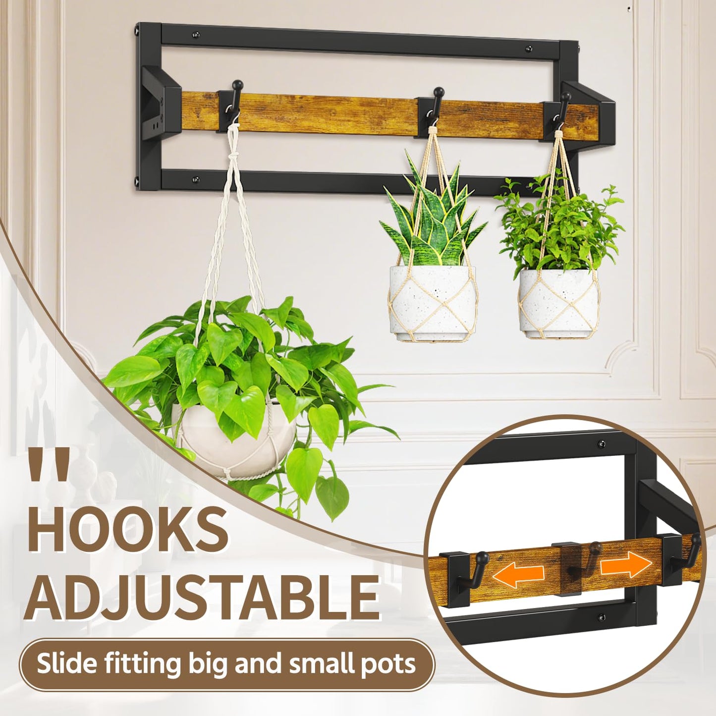 LASZOLA 2 Pcs Plant Hanger Indoor with 6 Heavy Duty Hanging Hooks, Metal and Wood Wall Mounted Plant Hanging Rod, Plant Shelves Holder Bar for Kitchen Window Ceiling (Pot/Chain/Plants not Included)