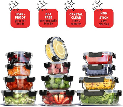 Nestl 48pc Glass Storage Containers with Lids, 24 Glass Food Storage Containers with 24 Airtight Lids for Pantry & Kitchen, Meal Prep Containers for Lunch, Oven Microwave & Dishwasher Safe, Black