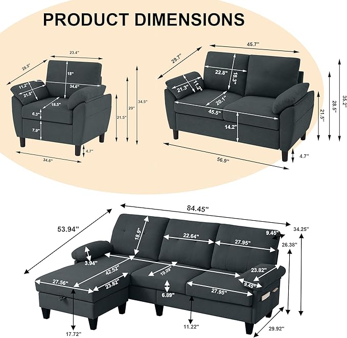 84" Convertible Sectional Sofa Set, 3 Seat L Shaped Couch