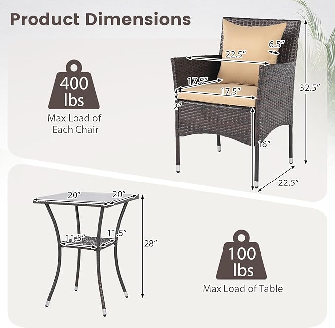 Tangkula 3 Pieces Patio Wicker Bistro Set, 2 Rattan Chairs w/ 2-Tier Tempered