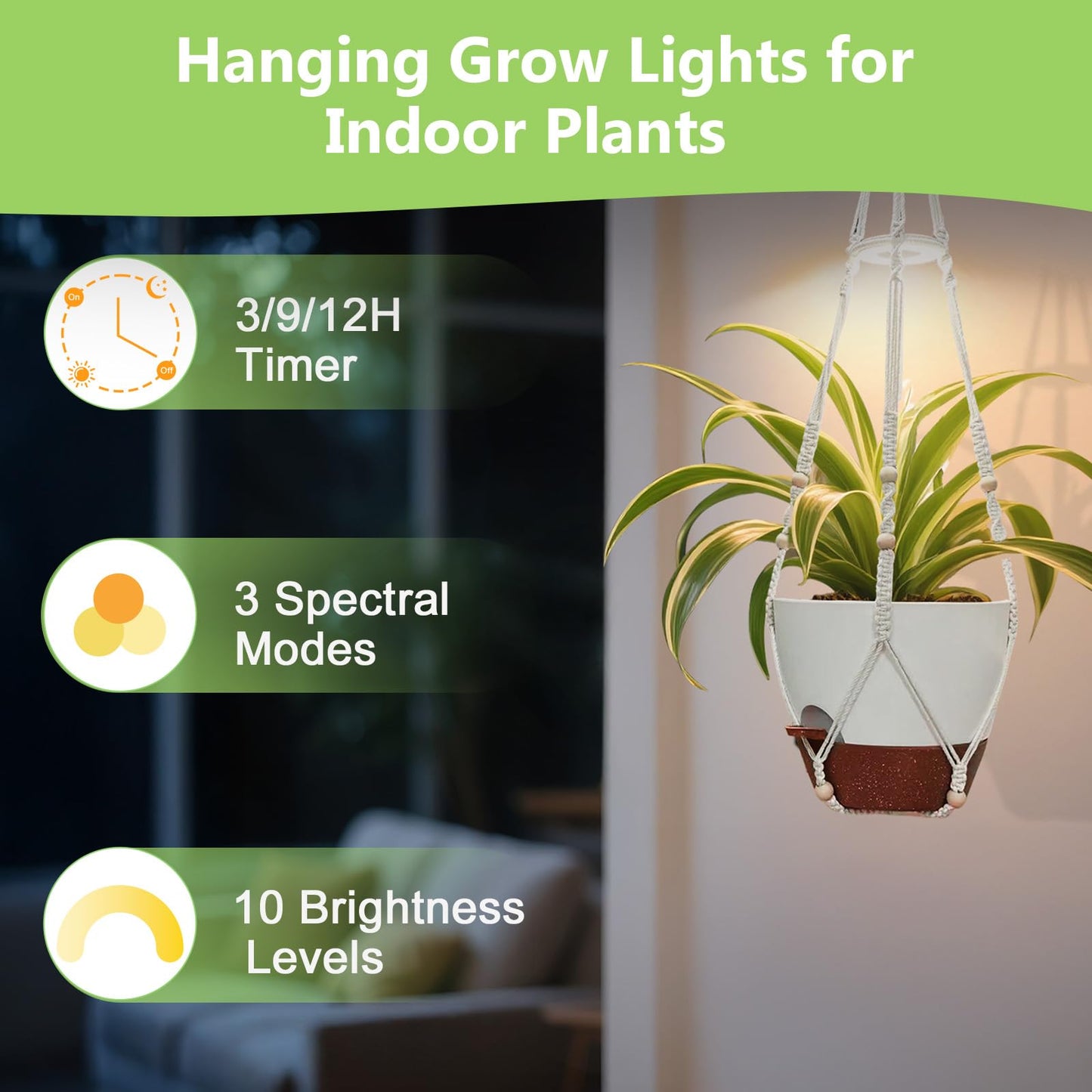 MSFON 2 Pack Hanging Planters with Grow Light for Indoor Plants, 10” Self Watering Pots for Apartments & Low-Light Rooms, Macrame Hangers, Timer, Drainage Holes & Removable Tray