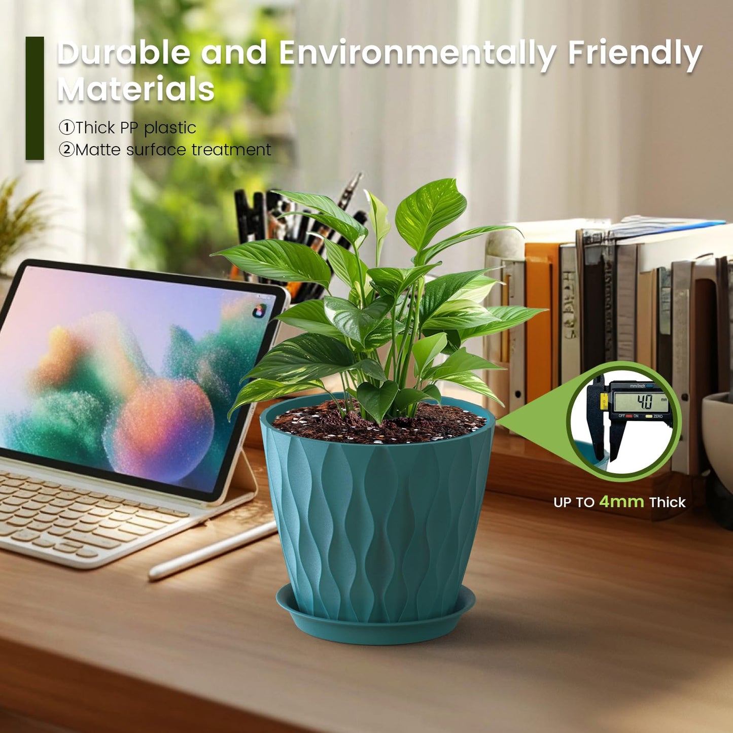 Meowell 7 inch Plant Pots for Indoor Outdoor Plants, 5 Pack Thick Flower Pots with Drainage Holes and Saucers, 3D Modern Wave Texture Plastic Planter Pots for Nursery and House Plants, Blue Green
