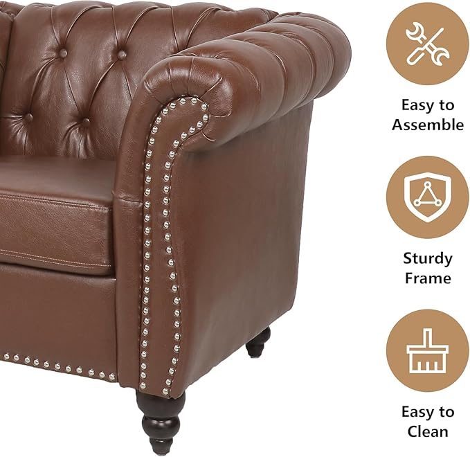 Mid-Century 3 Seater Sofa, Faux Leather Couch