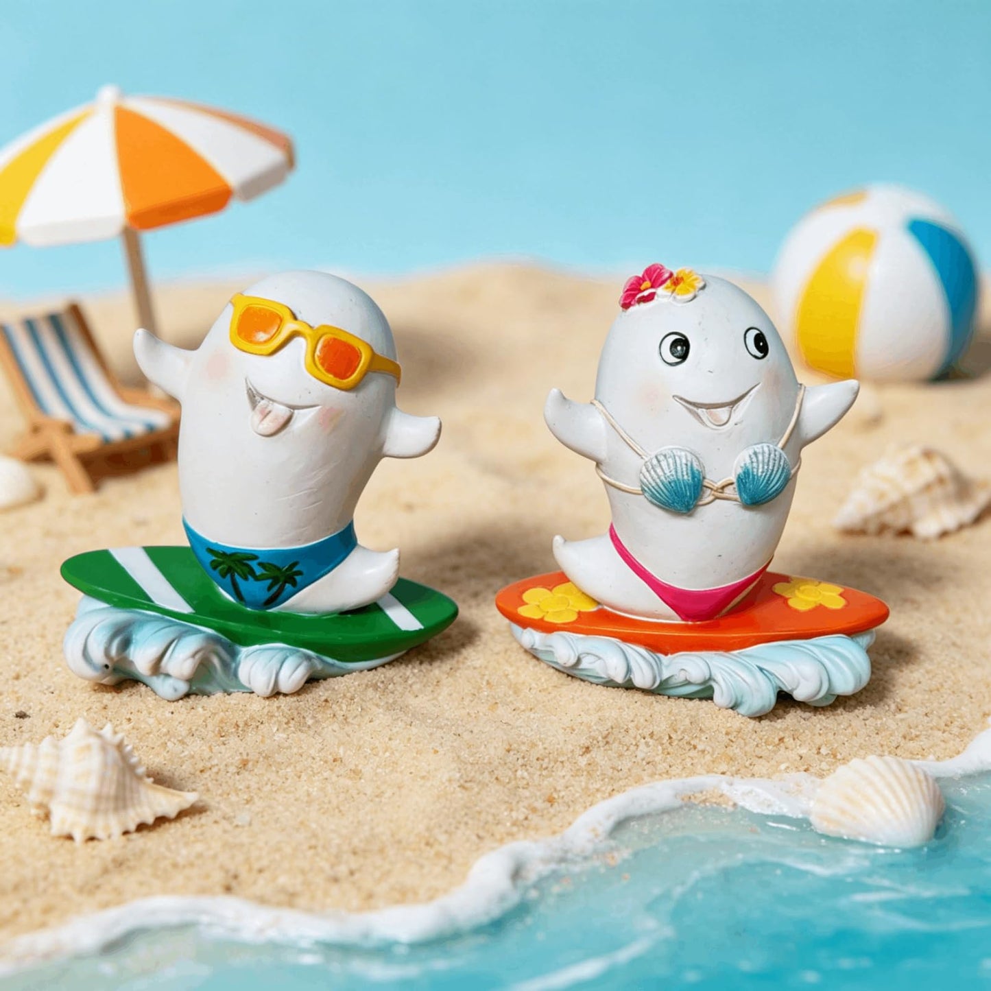DiliComing Summerween Ghost Figurines Summer Decor - 4 Inch Set of 2 Cute Surfing Ghost Resin Statues Summer Party Tropical Beach Themed Collectible Figurines for Home Decor Halloween Decorations