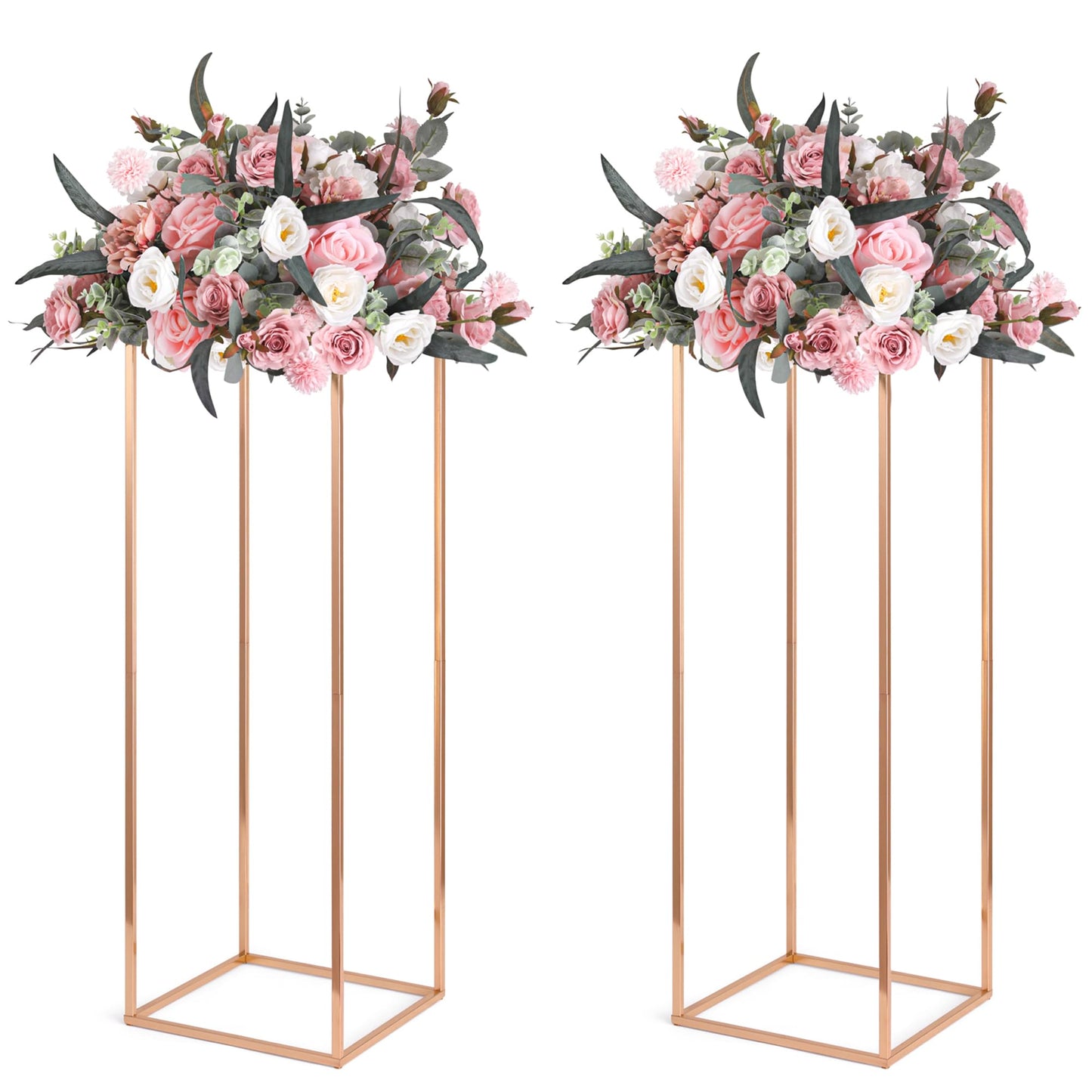Gold Wedding Flower Stands, Set of 2 Metal Vases Column Geometric Wedding Table Display Centerpieces 31½ inches Tall Floral Decoration Holders for Wedding Party Decor