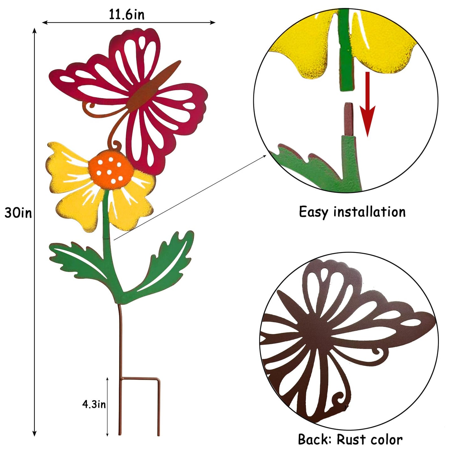 WKHOMEDECO 3 Pack Butterfly&Flower Metal Flowers for Outside & Decorative Garden Stakes - Metal Yard Art Outdoor and Garden with Rustproof Design | Spring Lawn Ornaments for Porch,Backyard，Patio