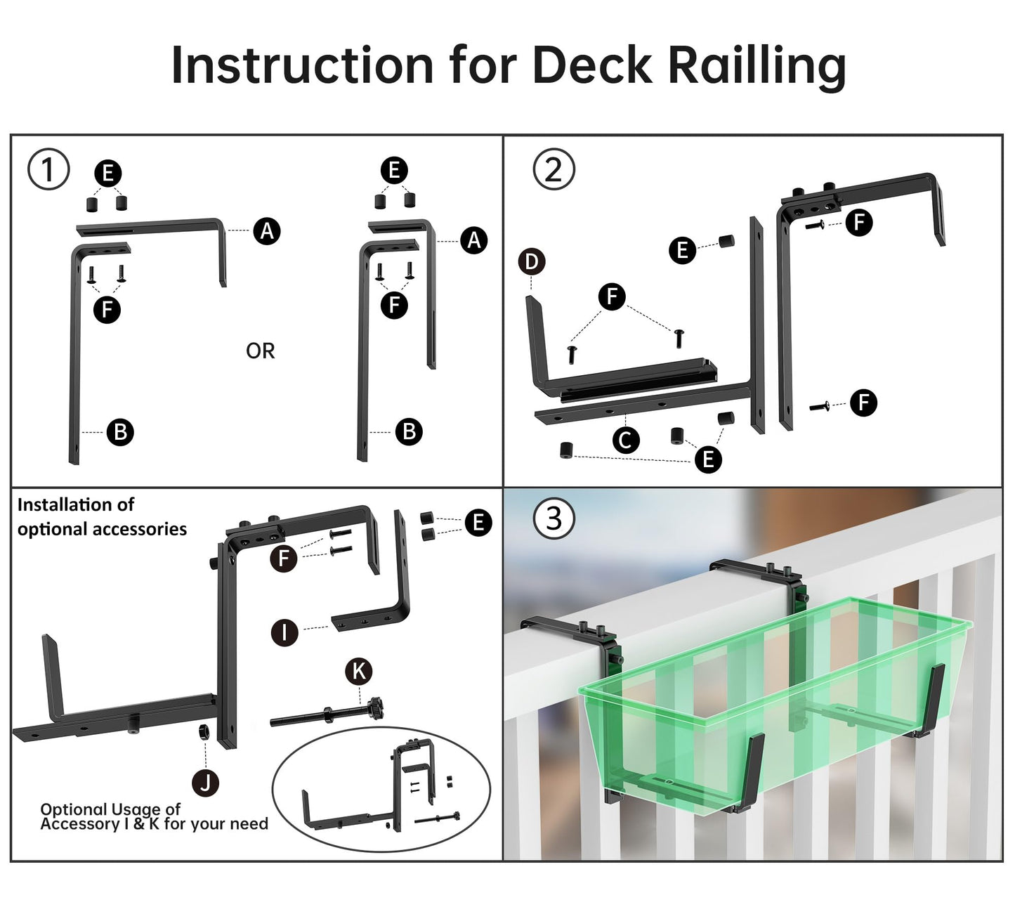 Y&M 6 Pcs Deck Railing Adjustable Planter Box Brackets (6 to 12.5 in), Universal Heavy Duty Iron Flower Box Brackets Wall Mounting Hooks for Fences, Patio, and Garden - Black (Patent Registered)