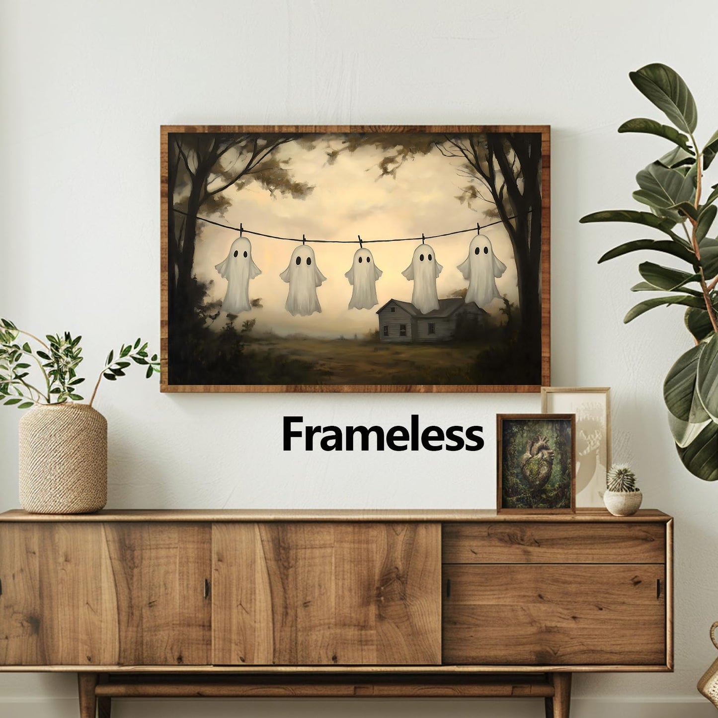Farmhouse Ghost Wall Art Laundry Room Prints Halloween Landscape Poster Cute Ghost Pictures Gothic Forest Print Victorian Moody Paintings Spooky Wall Art Academia Dark Gothic Artwork 16x24in Frameless