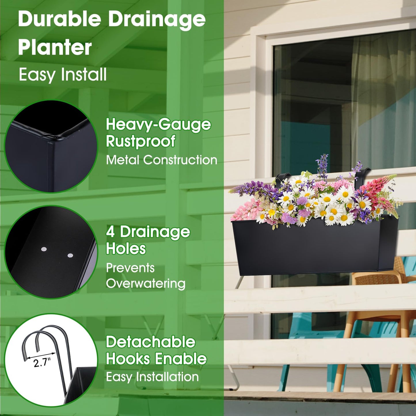 OGIMA 16-Inch Railing Planter Box, 3 Pack Large Hanging Planters for Outdoor Plants with Detachable Wide Hooks for 2.7'' Railings - Balcony Planters Railing Hanging for Deck, Fence & Patio Decor