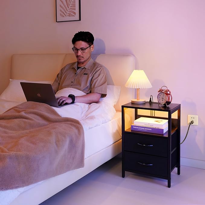 Yoobure Nightstand with Charging Station, LED Night Stand with Fabric Drawers