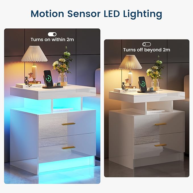 HNEBC Nightstand Set of 2 with Charging Station, Auto LED Night Stand with