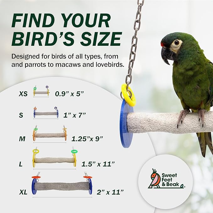 Sweet Feet and Beak Roll Bird Swing - Pumice Perch Bird Toys Trims Nails and Beaks, Safe Bird Cage Accessories for Small and Large Birds, Swinging Toys Birds Will Love, XSmall 4.5 Inches - Yellow