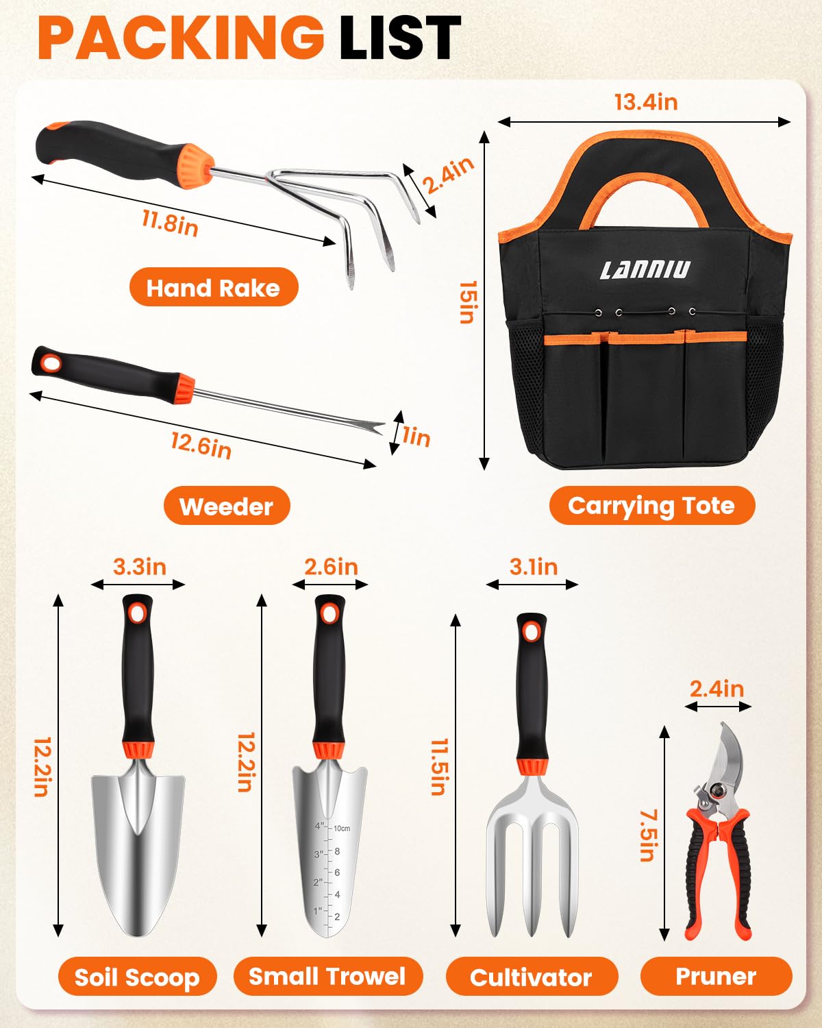 LANNIU 7-Piece Gardening Tools Set, Heavy Duty Stainless Steel Hand Tools with Blakc Tote Bag - Ergonomic Non-Slip Grip for Planting, Weeding & Digging