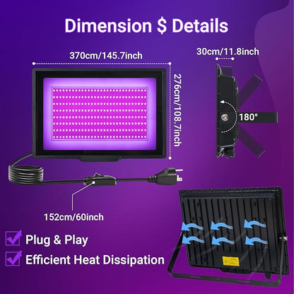 2 Pack 200W LED Black Light IP66 Waterproof,Blacklight with Plug+Switch, Flood Light for Glow Party,Halloween Decoration, Body Paint, Fluorescent Poster, Stage Lighting,Neon Glow,5.25Ft Cord
