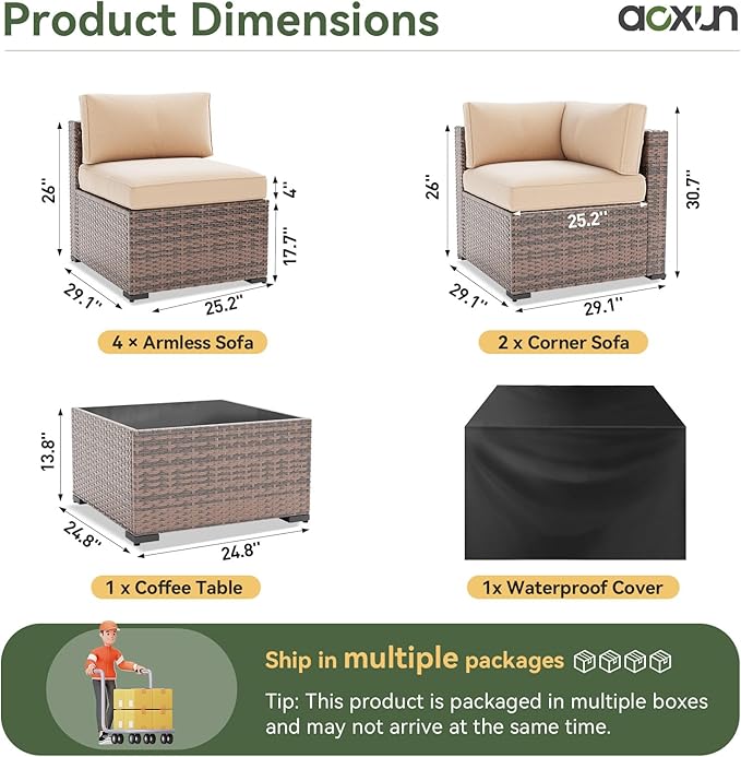 Aoxun 7 Piece Patio Furniture Set, Wicker Patio Sectional Sofa, Outdoor