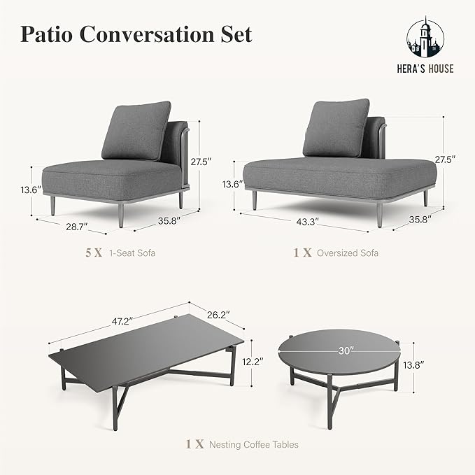 HERA'S HOUSE Metal Patio Furniture Set, Modular 7 Seats and 1 Nesting Coffee