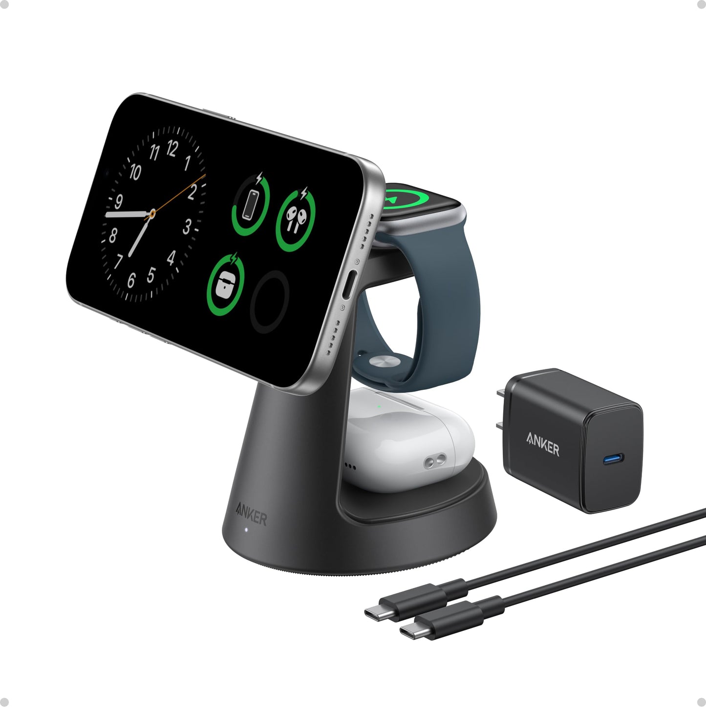 Anker MagSafe Charger Compatible, MagGo 3-in-1 Charging Station, Nano Charging Stand, Qi2 Certified 15W Magnetic Wireless Charger Dock, for iPhone17/16/15/14, Apple Watch,AirPods (Adapter Included)