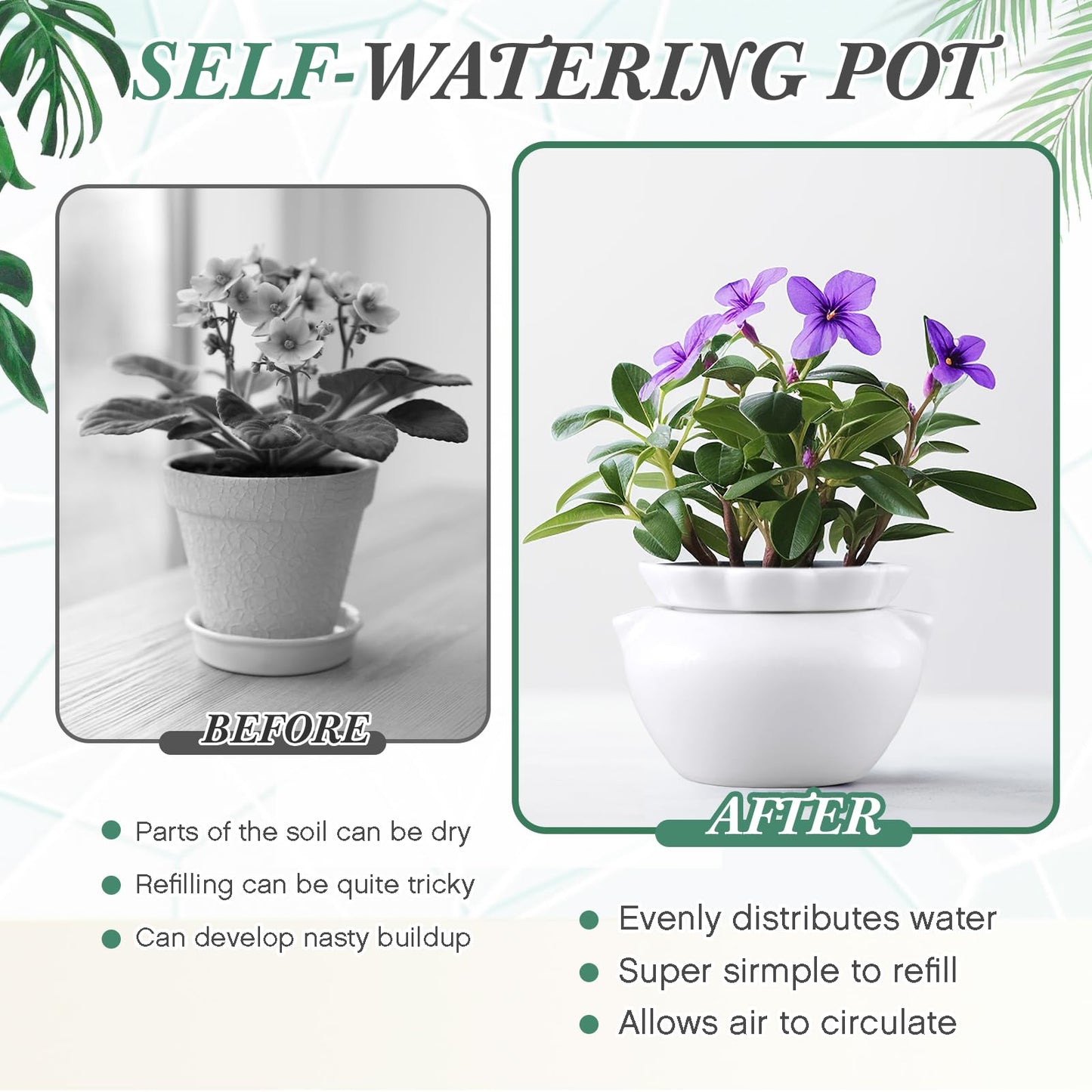 Sunnychicc 4 Set 4 Inch African Violet Pots Self Watering White Ceramic Planter Highly Absorbent Inner Planter Pot for Indoor Plants Plant Lovers Ideal Plant Pot Thriving Plant Flower Maintenance