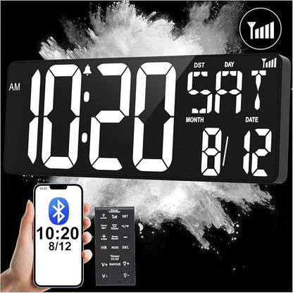 XREXS 17.2" Digital Wall Clock with Remote Control, Bluetooth Sync Time LED Digital Clock for Living Room Decor, Auto DST, Temperature for Living Room, Gift for Elderly and Teens