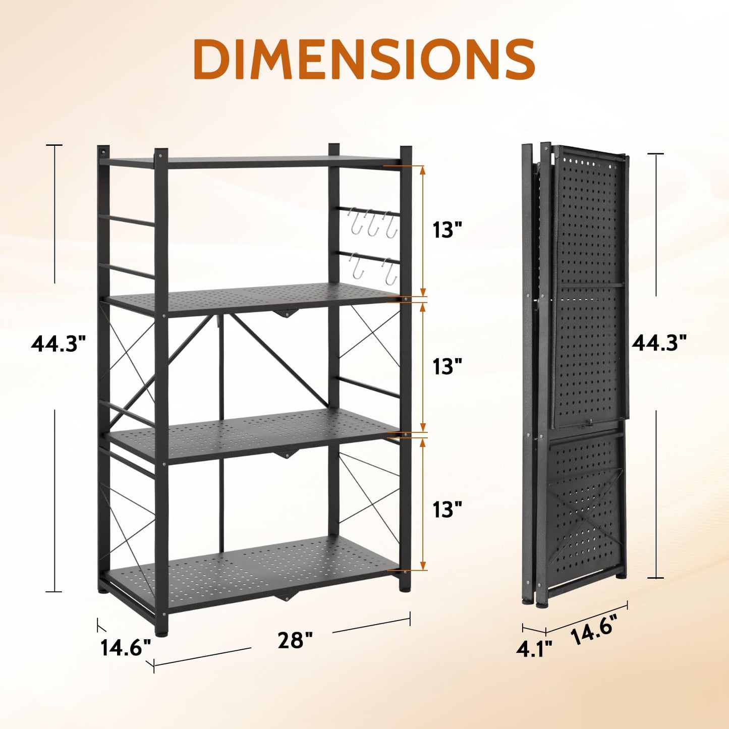 INTER HUT 4 Tier Foldable Greenhouse Shelving Unit, Heavy Duty Steel Plant Stand Storage Rack, No Assembly Required, 130lbs Per Shelf Capacity, 28"x14.6"x44.7”, 1 Pack, Black
