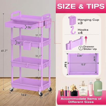 Goovilla Rolling Makeup Organizer Cart with Removable Drawer, 4 Tier Stable Purple Floor Skincare Storage Cart for Vanity, Cosmetic Display, Nail Polish, Perfume, Hair Stuff, Beauty, Bathroom(Plastic)