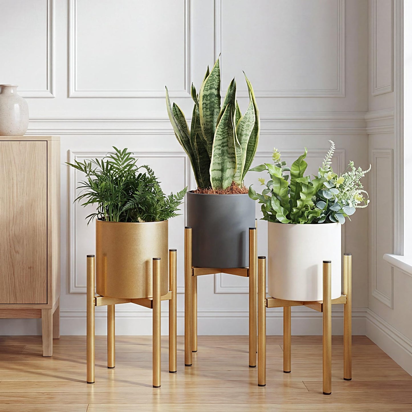 Rioneta Gold Metal Plant Pot with Drainage Hole,7 Inch Mid Century Modern Small Pot Indoor Outdoor Planters for Succulents, Flowers & Home Decor Gift Window Living Room Bedroom