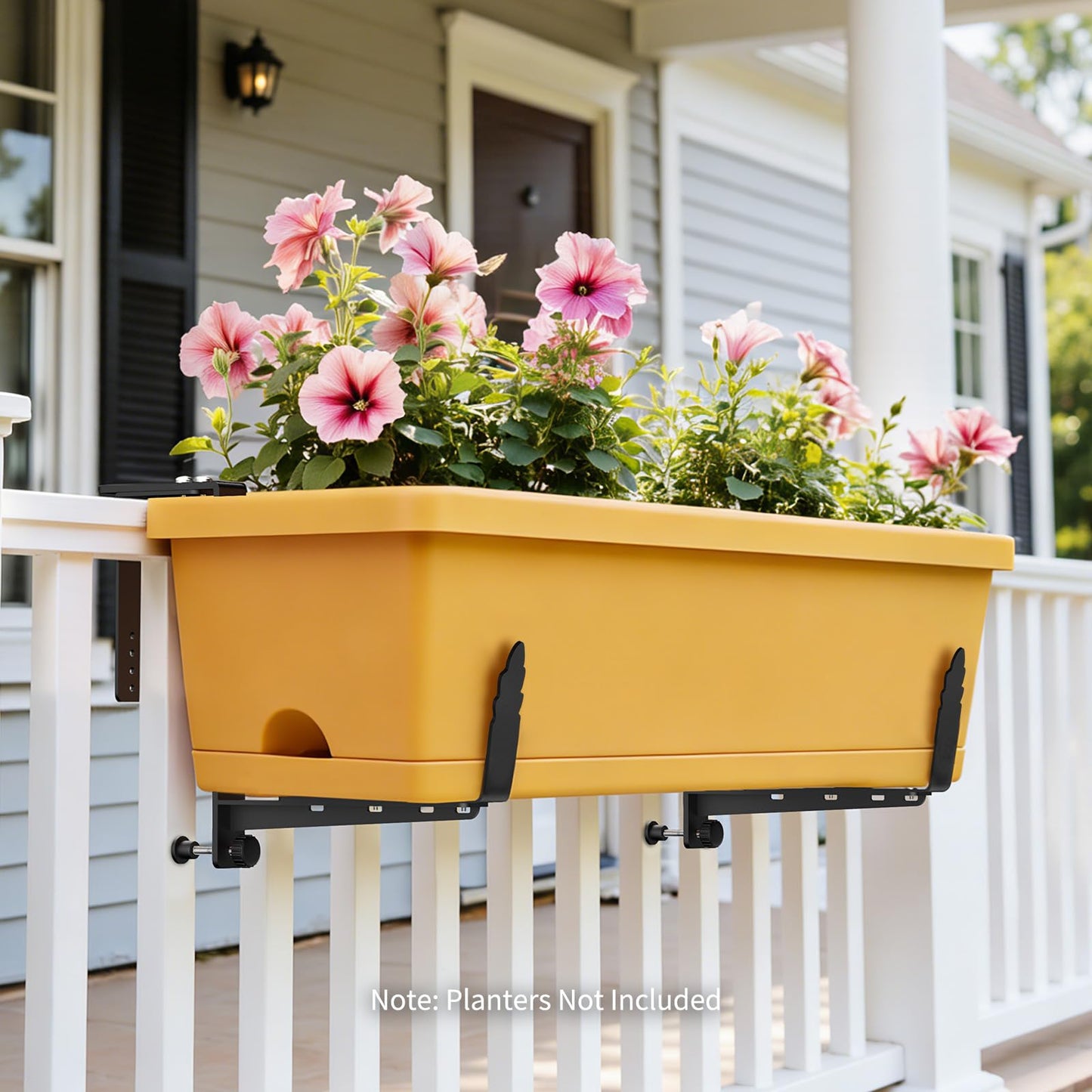 Window Box Brackets, Adjustable Planter Box Brackets, Heavy Duty Iron Flower Box Bracket for Deck Railing with Upgraded Bottom Support - Ideal for Balconies, Fences, and Gardens (2)