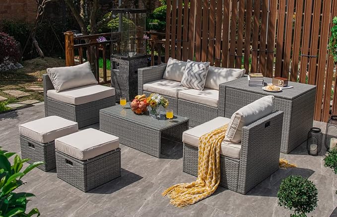 Tangkula 8 Piece Patio Wicker Furniture Set, Patiojoy Space Saving Outdoor PE