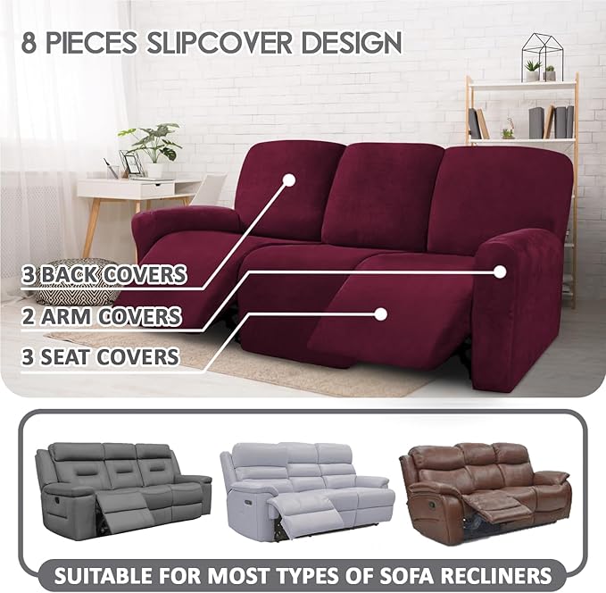 ULTICOR Velvet 8-Pieces Recliner Sofa Covers Stretch Reclining Couch Covers