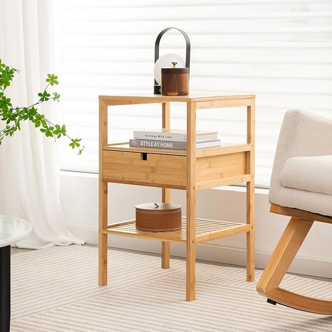 Giantex Bamboo Nightstand, Wood Side Table