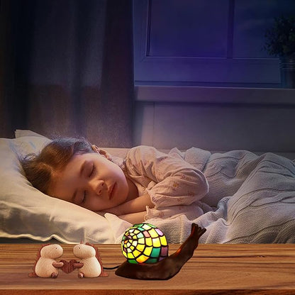 Tiffany Style Colorful Snail Accent Table Lamp Handmade Stained Glass Shade Night Light for Kids with 3 Color Temperatures LED Bulb - Ideal Gift for Home Decor(8" D x 5" W x 5" H)