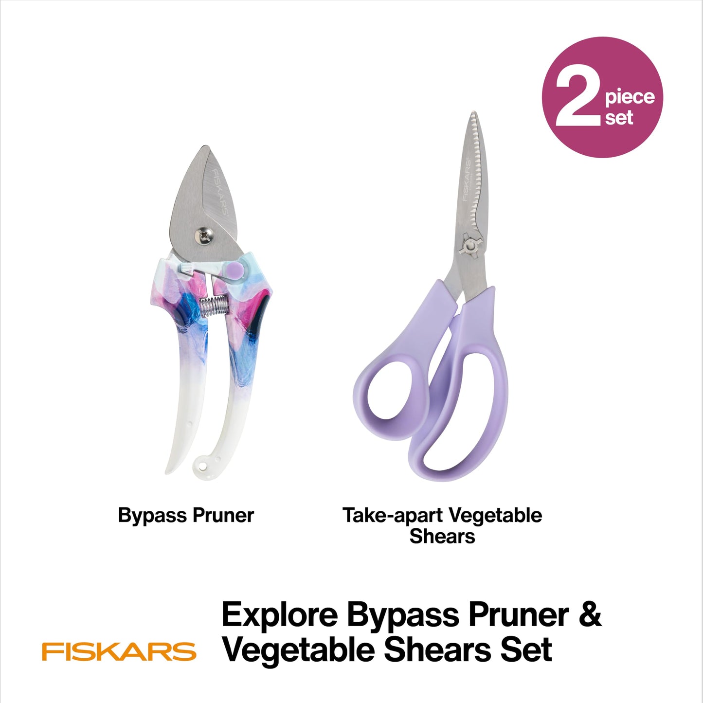 Fiskars 2-Piece Pruning & Veggie Shears Set, Explore Collection Garden Tool Kit, Bypass Pruner for Light Trimming, Vegetable Shears with Serrated Stainless Steel Blades for Harvesting Flowers & Herbs