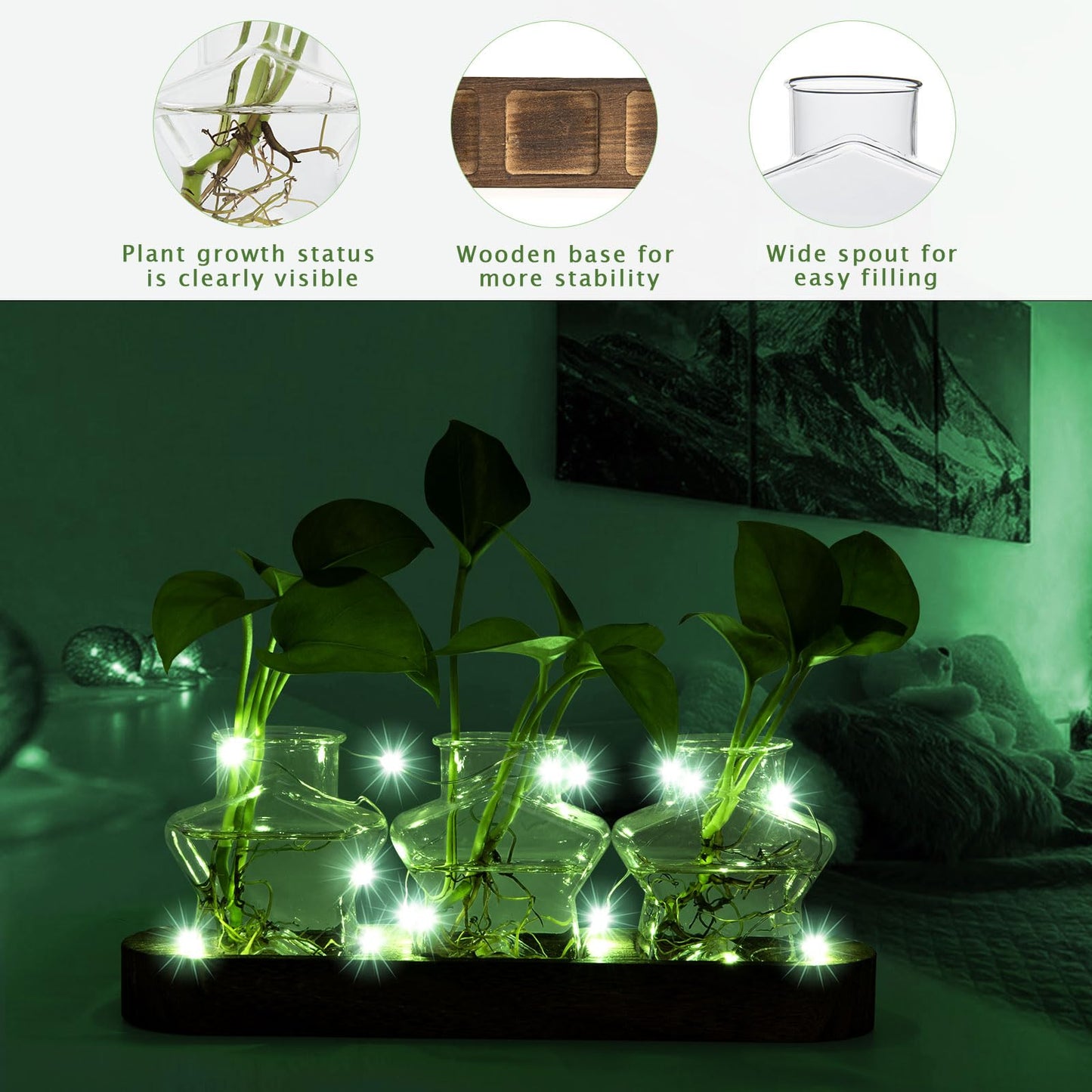 XXXFLOWER Plant Propagation Station with Wooden Stand,Air Plant Terrarium Starter Kits Star Vases for Flowers Plant Cutting Rooting Pots Indoor Hydroponic Glass Planter for Plant Lovers,3 Jars