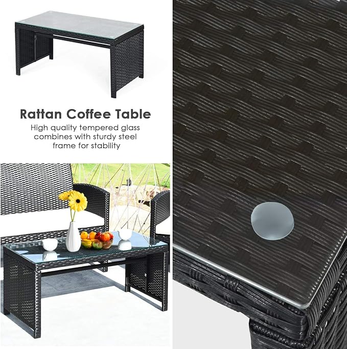 Tangkula Patio Wicker Conversation Furniture Set, Patiojoy Sofa & Table Set w/4