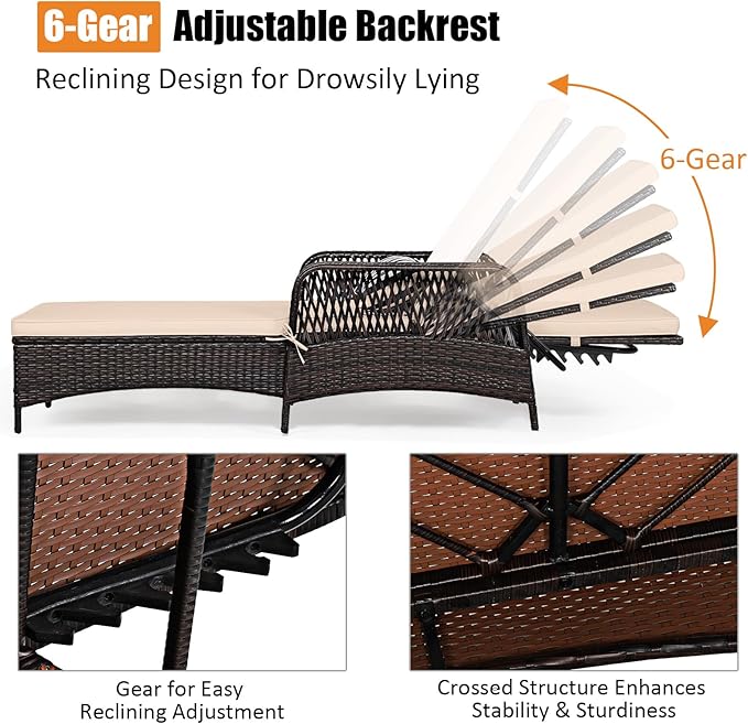COSTWAY PE Rattan Chaise Lounge Chair, 6 Gear Adjustable Recliner