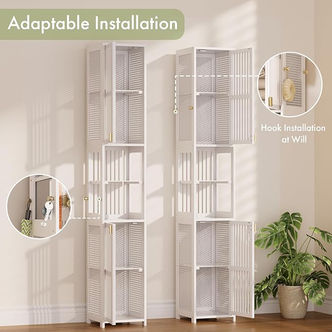 Amazer White Bathroom Storage Cabinet 70'', Bamboo Slim Storage Cabinet
