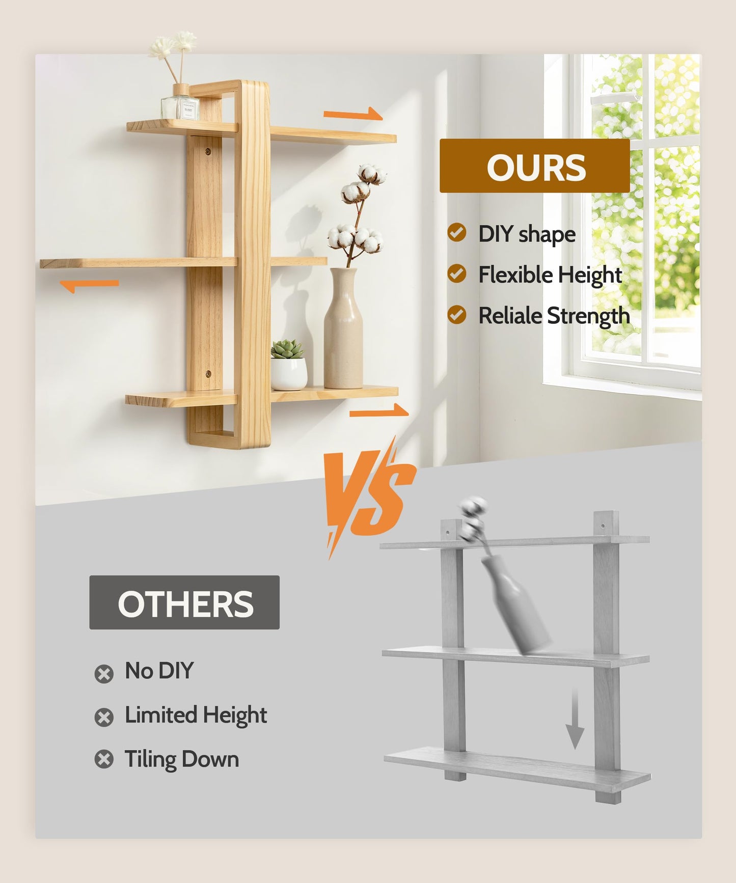 SUMGAR Floating Shelves for Wall Wood Mounted Shelving Unit All Pine Natural Wooden 3 Tier Large Shelf for Bedroom Living Room Office Bathroom Home Decoration Storage Plant Photo Display Modern 20in