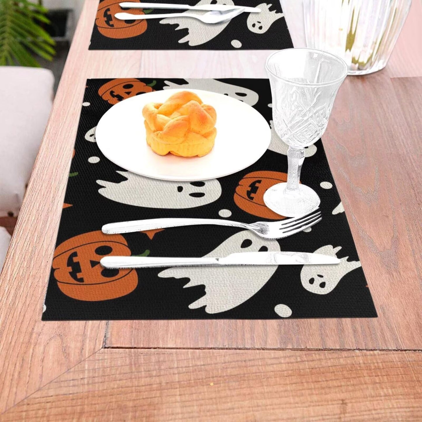 Halloween Orange Pumpkin Placemats 12x18 Inch Set of 4, Black and White Ghost Table Place Mat Autumn Cute Lantern Face Washable Table Mats Decorative Linen Fabric Table Mat for Dining Table