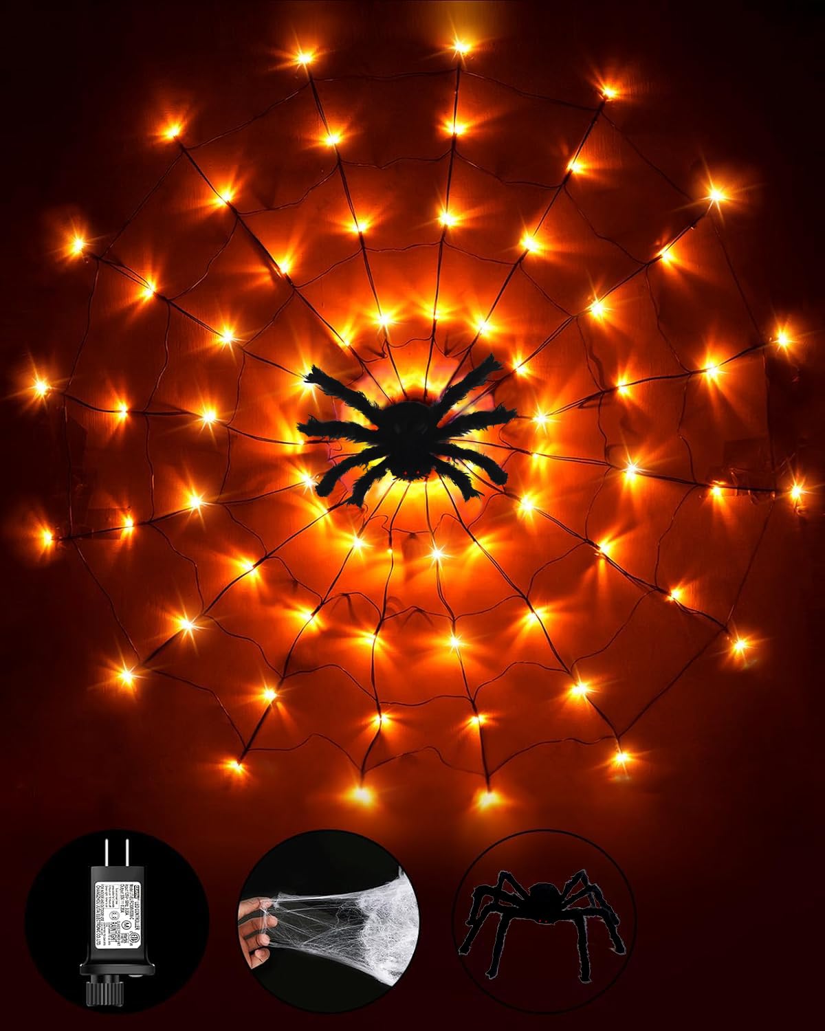 Halloween Decorations Spider Web Lights String Lights for Home, 4.9FT 96LED Waterproof Plugin Net Lights with 8 Modes & Timer, Light Up for Party Indoor Outdoor Garden Yard Haunted House(Orange)